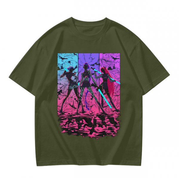 Olive T-Shirt With Neon Cyberpunk Warrior Women Graphic