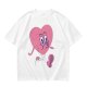 Oversized Olive T-Shirt with Retro Walking Pink Heart Cartoon Graphic