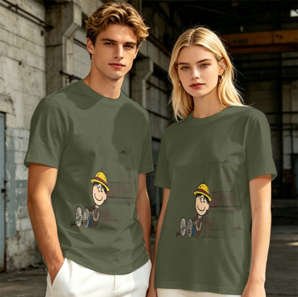 Olive Green T-Shirt with Smiling Boy in Yellow Hat Graphic