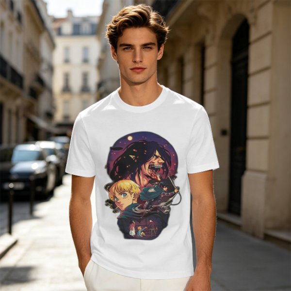 Attack on Titan themed graphic tee with anime character artwork