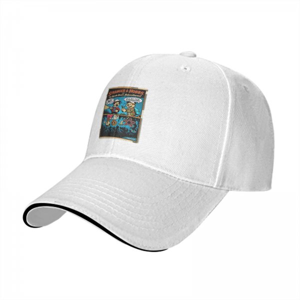 Black baseball cap with Stranger & Hobbs Upside Down Adventures graphic print