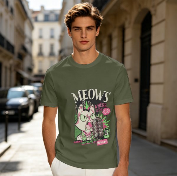 Olive T-Shirt with Punk Rock Cat Singing Microphone Graphic