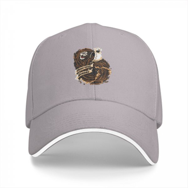 Black baseball cap with 'Enjoy Your Monday' grim reaper coffee graphic