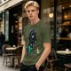 Olive T-shirt with cartoon dinosaur in Darth Vader helmet and chicken print