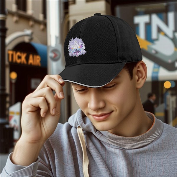 Black Baseball Cap With Anime Themed Graphic Print