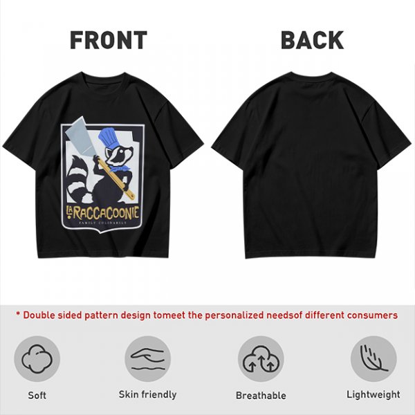 Olive green t-shirt with raccoon chef graphic and text