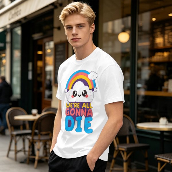 Olive T-Shirt With Cute Cloud Rainbow Graphic And 'We're All Gonna Die' Text