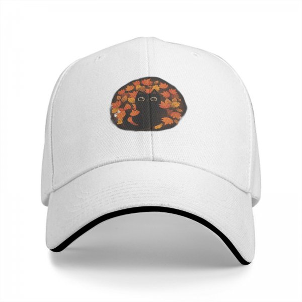 Black Baseball Cap With Cute Black Cat In Autumn Leaves Print