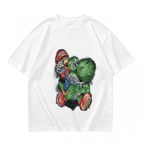 Olive T-shirt with Mario and Yoshi artistic graphic print
