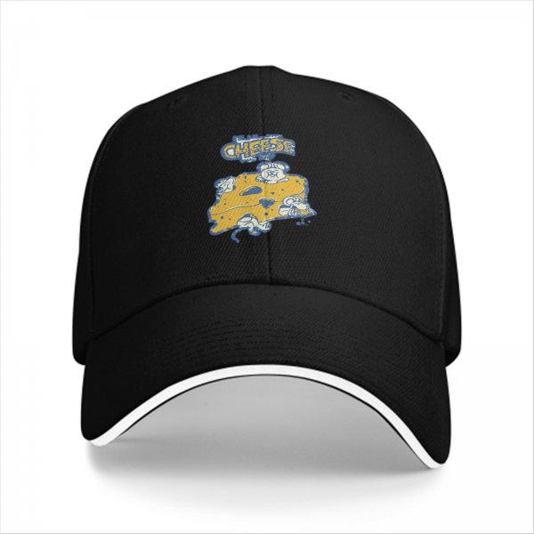 Black baseball cap with cheese and mice graphic print