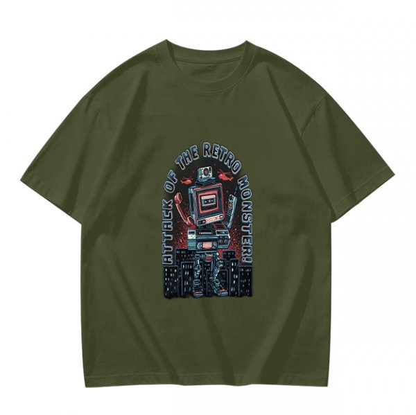 Olive green t-shirt with retro robot monster city attack graphic