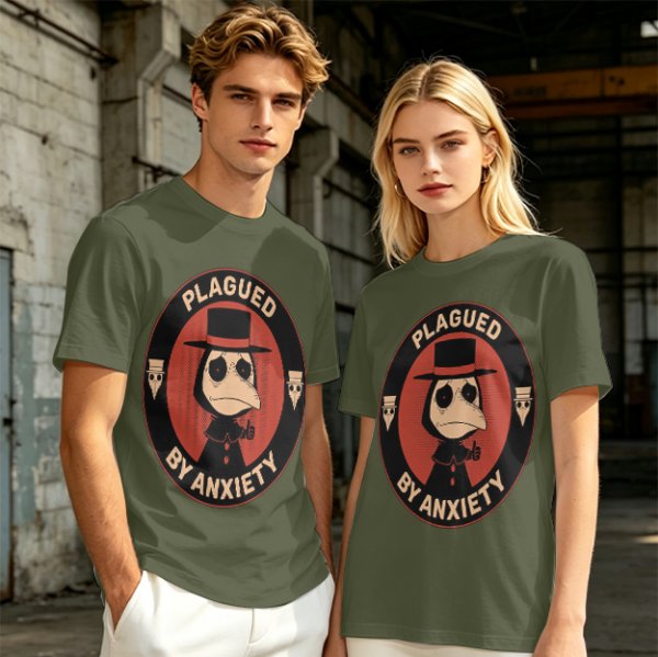 Olive T-Shirt With Plagued By Anxiety Plague Doctor Graphic