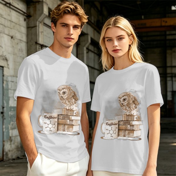 Owl on coffee books and caffeine mug graphic t-shirt
