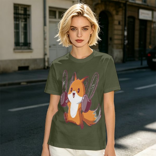 Olive T-shirt with a cute chainsaw squirrel graphic