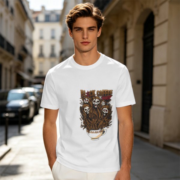 Black Coffee Skull Ghosts Graphic Olive Green T-Shirt