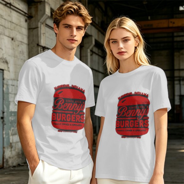 Olive green t-shirt with Benny's Burgers Hawkins Indiana graphic