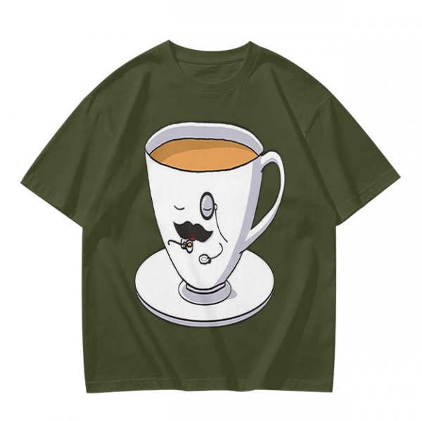 Olive Green T-Shirt With Dapper Cartoon Teacup Graphic