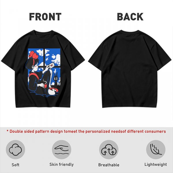 Olive t-shirt with Kiki's Delivery Service window print of girl reading letter