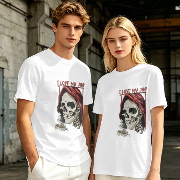 Olive Graphic T-Shirt with Skull and 'I Love My Job' Print