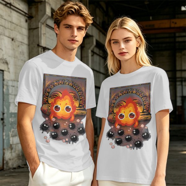 Olive t-shirt with Calcifer and soot sprites graphic print
