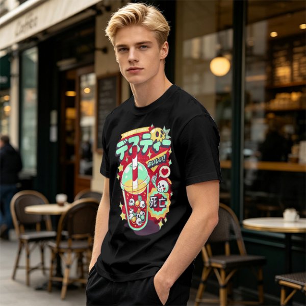 Olive t-shirt with spooky skull bubble tea graphic and Japanese text