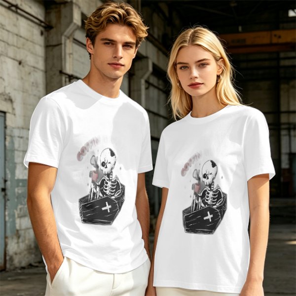 Olive T-shirt with Skeleton in Coffin Holding Coffee Print