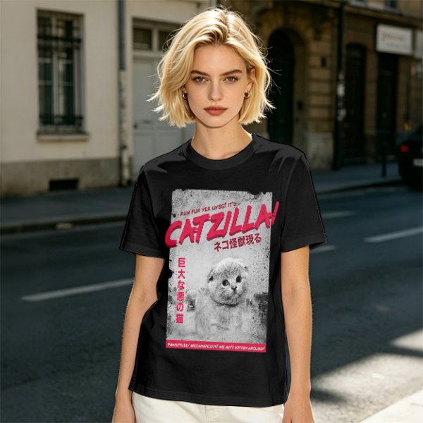 Olive green t-shirt with Catzilla giant cat monster graphic print