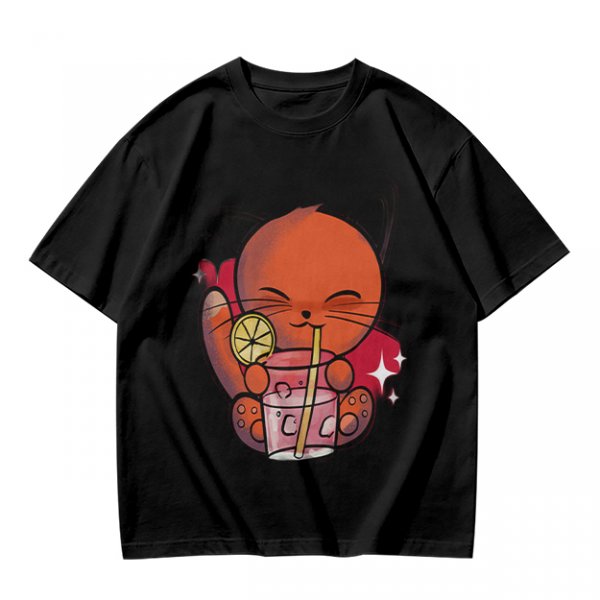 Olive Green T-Shirt With Cute Orange Cat Drinking Cocktail Graphic