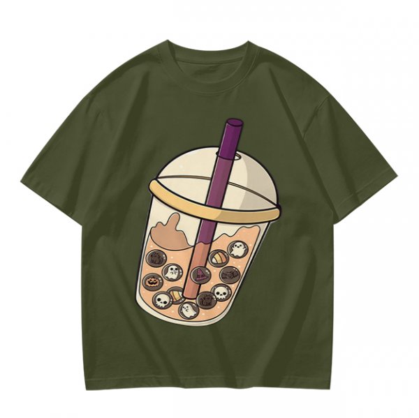Olive T-Shirt With Halloween Themed Boba Tea Graphic
