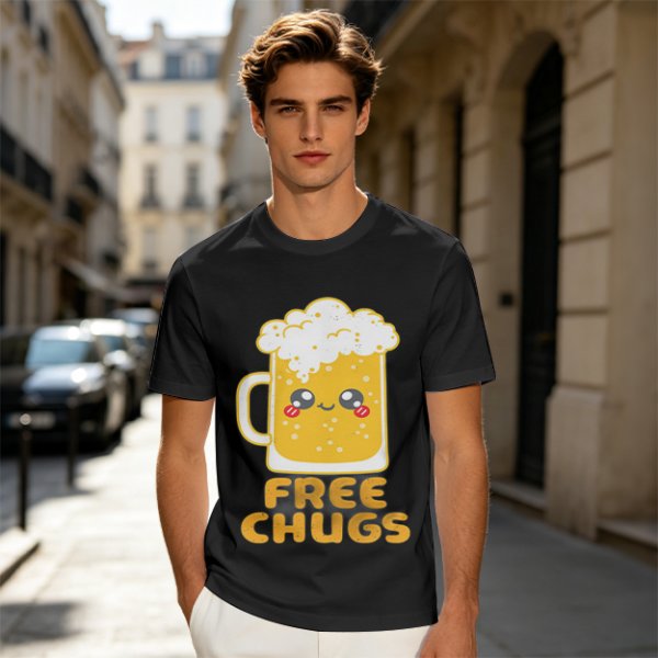 Olive Green T-Shirt With Cute Kawaii Beer Mug Free Chugs Print