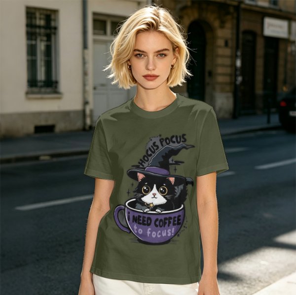 Olive t-shirt with witch cat in coffee cup 'Hocus Pocus I Need Coffee'