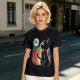 Olive T-shirt with black cat watching moon witch silhouette print