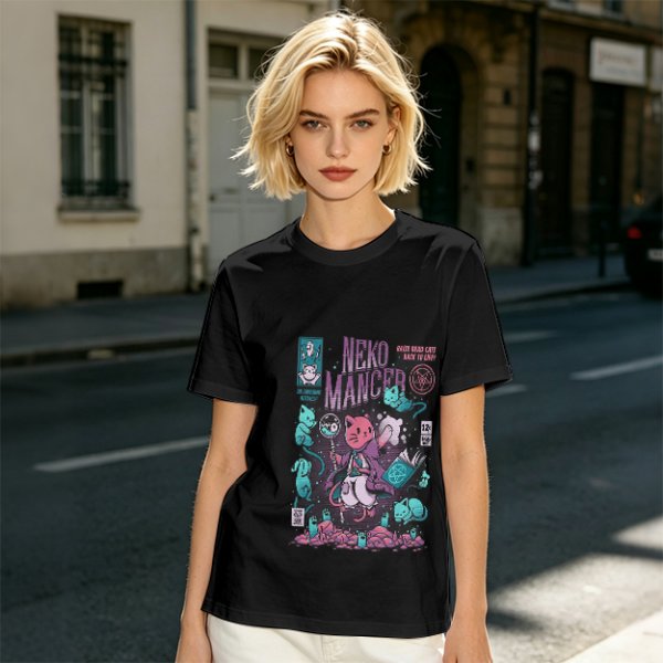 Olive green graphic tee with neko necromancer cat wizard art