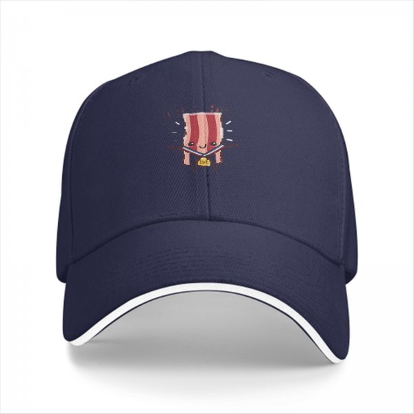 Black baseball cap with a cartoon bacon character wearing a first place medal