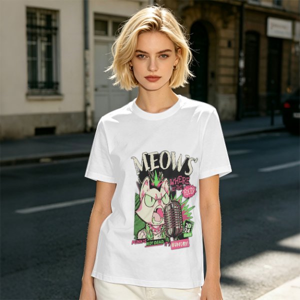 Olive T-Shirt with Punk Rock Cat Singing Microphone Graphic