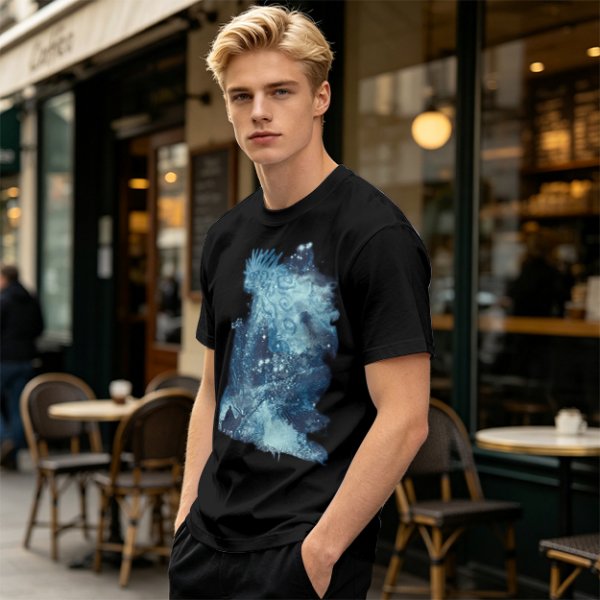 Olive Green T-Shirt With Abstract Blue Water-Inspired Print