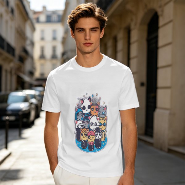 Olive T-Shirt With Cute Chibi Cat Character Group Print