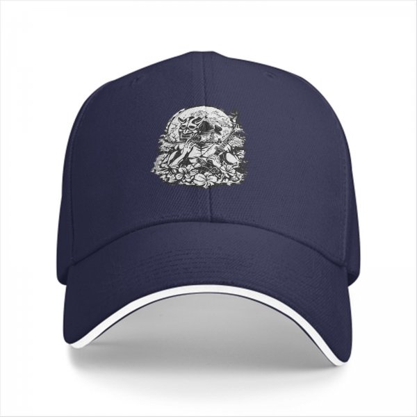Black Baseball Cap With Japanese Oni Mask Floral Art Print