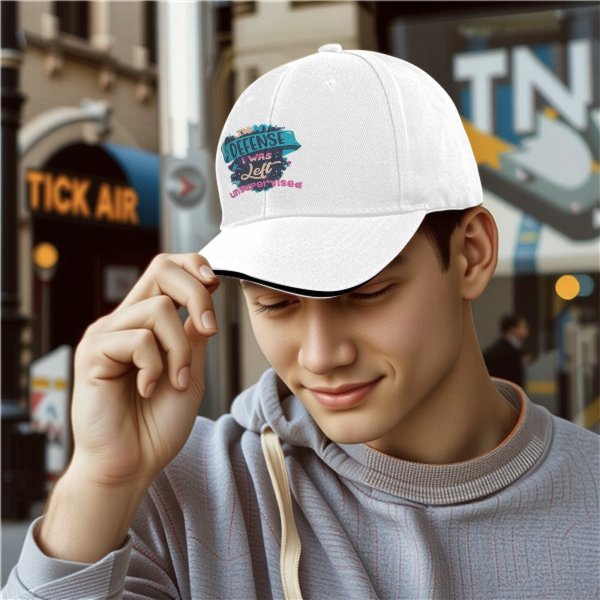 Black baseball cap with 'In My Defense I Was Left Unsupervised' print