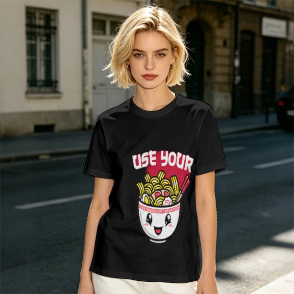 Olive T-Shirt With Cute Ramen Bowl Graphic And 'Use Your' Text