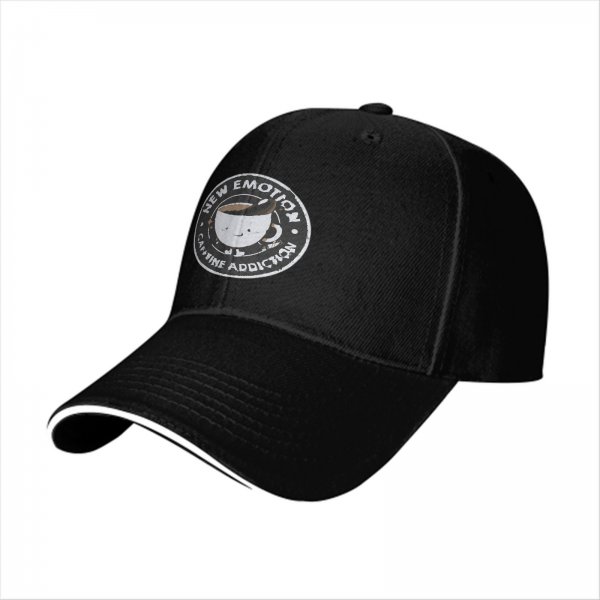 Black baseball cap with 'New Emotion Caffeine Addiction' coffee cup graphic