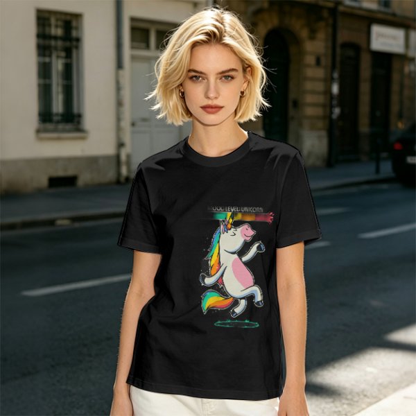 Olive T-shirt with Dancing Rainbow Unicorn Graphic Print