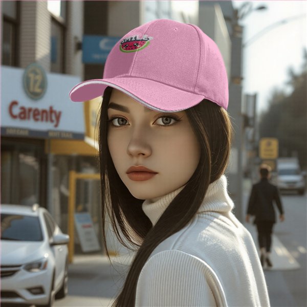 Black baseball cap with cute smiling watermelon and smile graphic