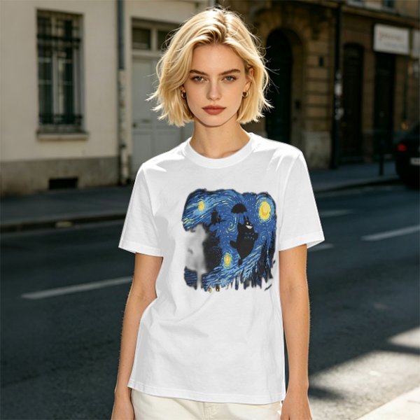 Olive T-Shirt with Starry Night Style Cat Graphic Print