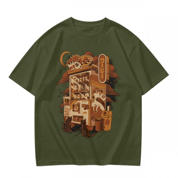 Olive T-Shirt with Coffee Vending Machine and Cats Graphic