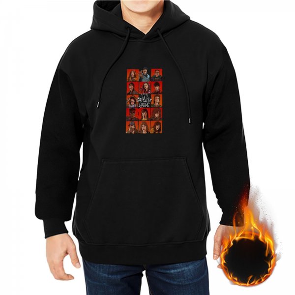 Black hoodie with Stranger Things character grid graphic print