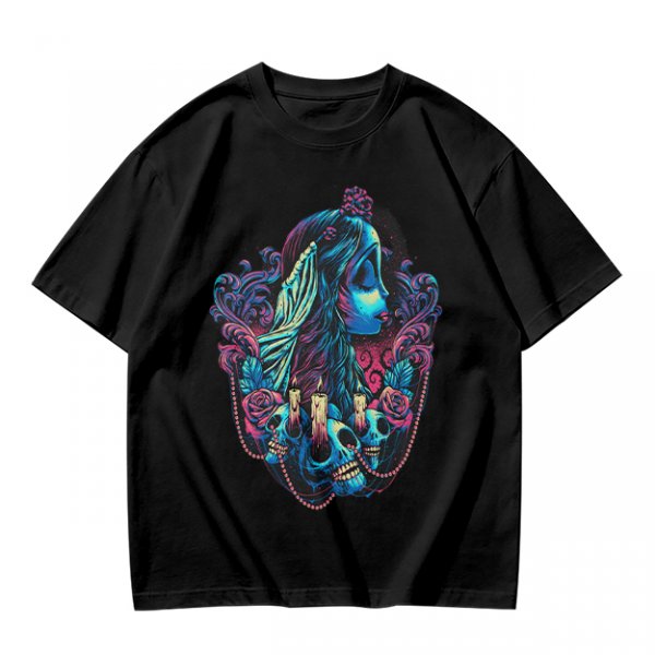 Olive T-Shirt with Gothic Corpse Bride Skull Candle Rose Print