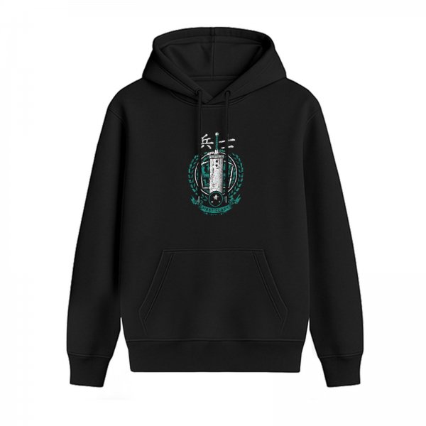 Black hoodie with military-style sword and wreath emblem