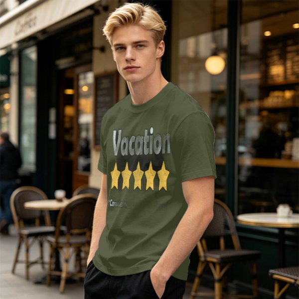 Olive Green T-Shirt With Vacation And Five Star Graphic Print