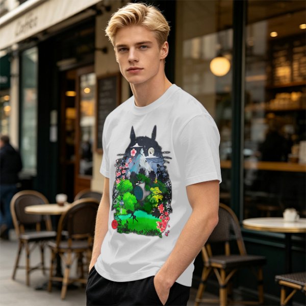 Olive Green T-Shirt with Totoro Nature Landscape Graphic Print